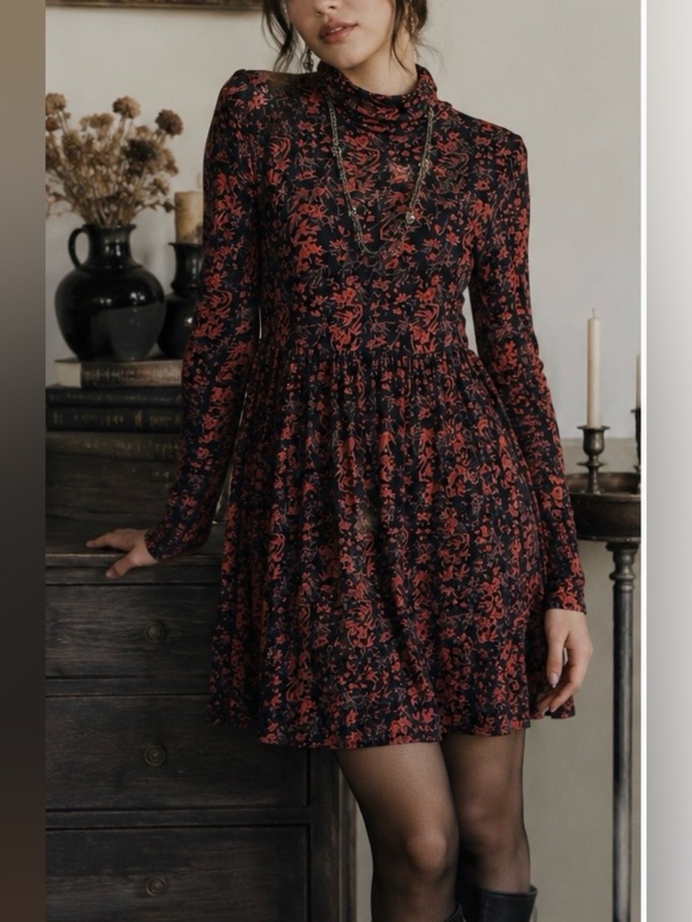 FOREVER Black and Red Floral Print Dress Whimsical Gothic Boho | Medium